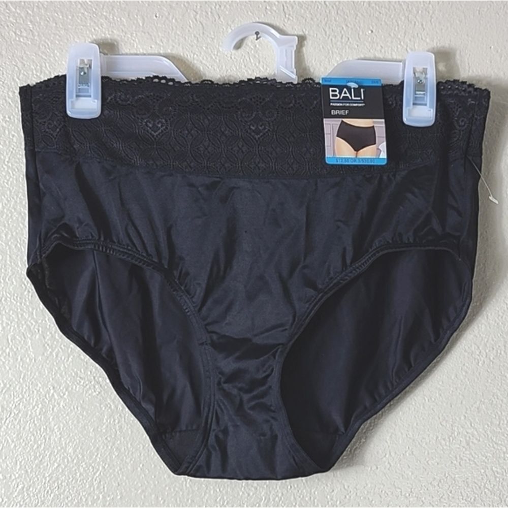 Bali Brief Panties Plus Size 2X Satin Black Lace NWT